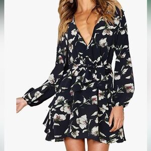 Womens Deep V Neck Long Sleeve Irregular Mini Dress with Belt Navy, Small